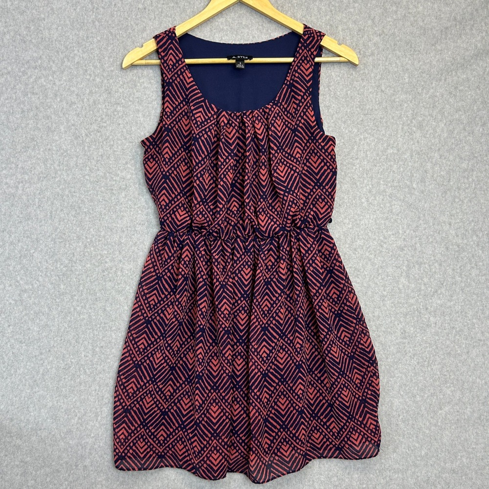 A. Byer Sleeveless Tank Dress Boho Geometric Chevron Print Navy Coral Size Small